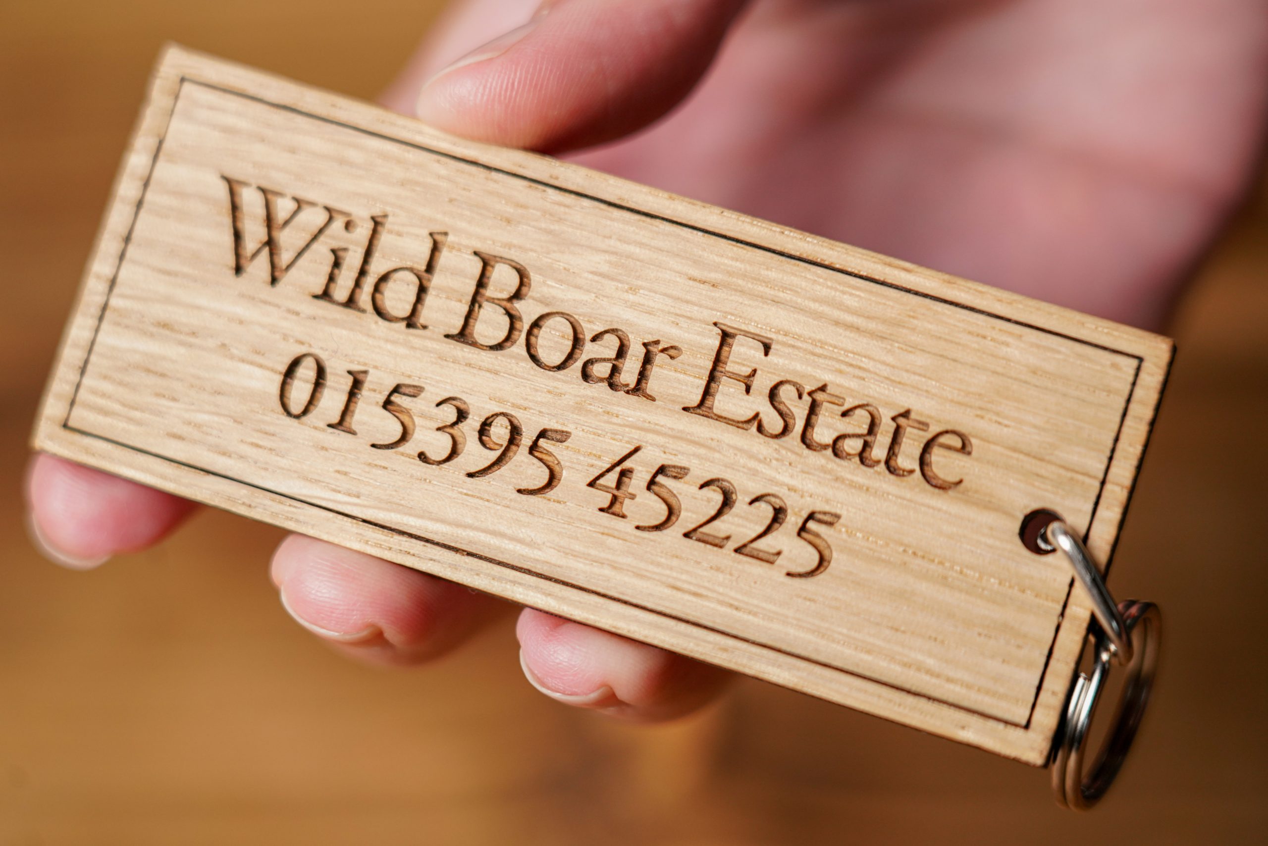 Wooden key ring made for the Wild Boar Estate